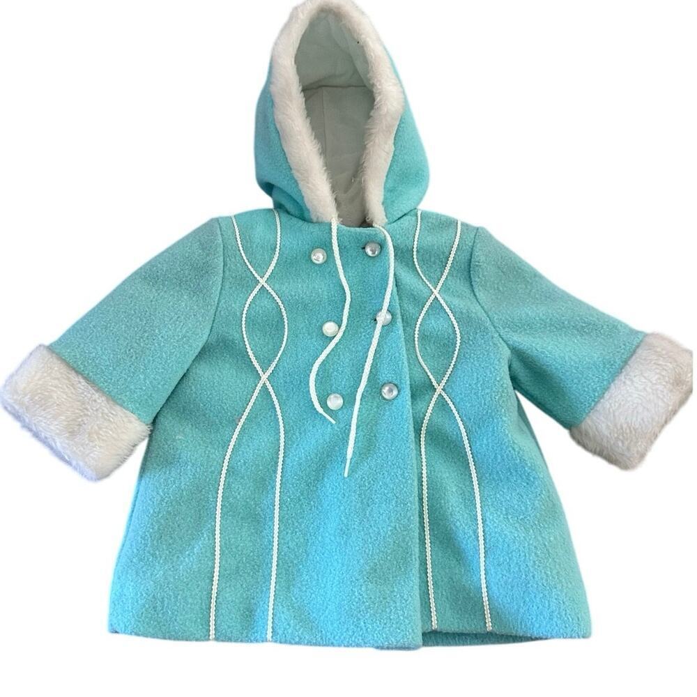 Vintage Girls Blue White Button Down Hooded Coat Size 12